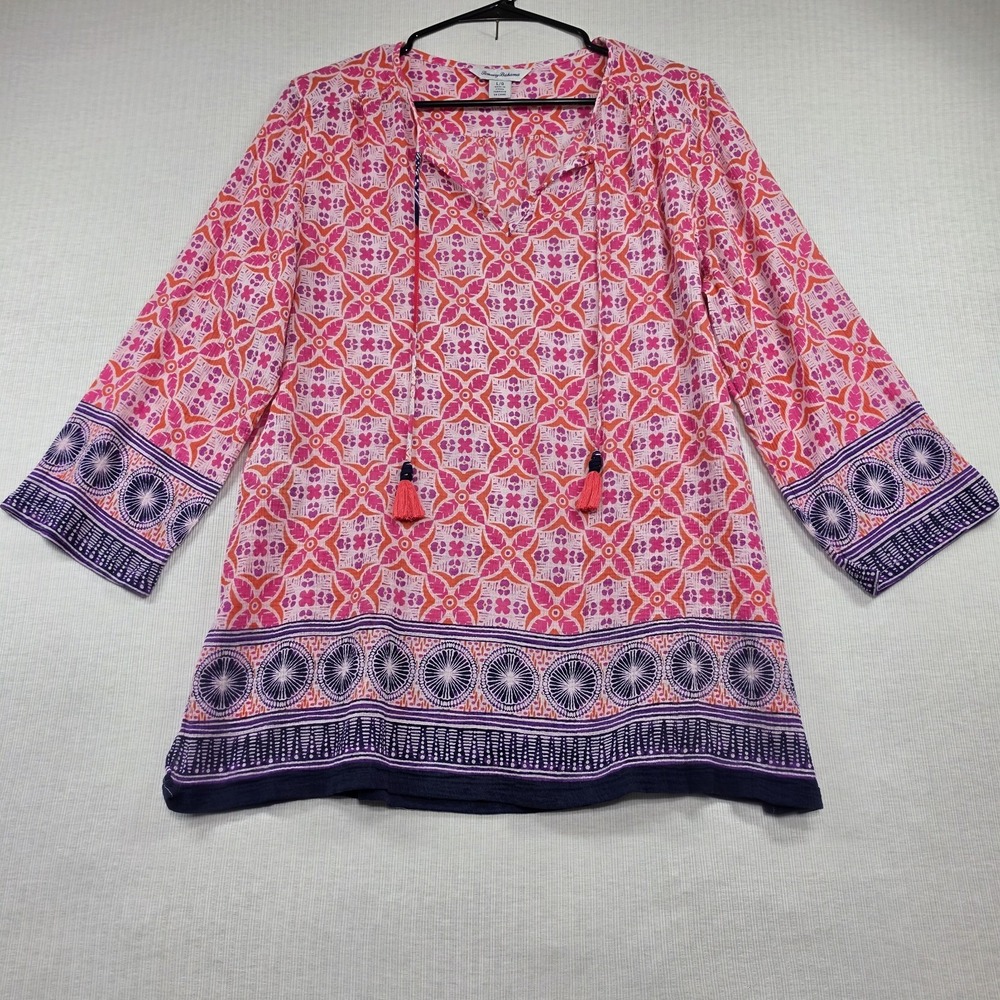 Tommy Bahama Pink Orange Geometric Tassel Tunic Top Size L Resortwear Boho Flowy